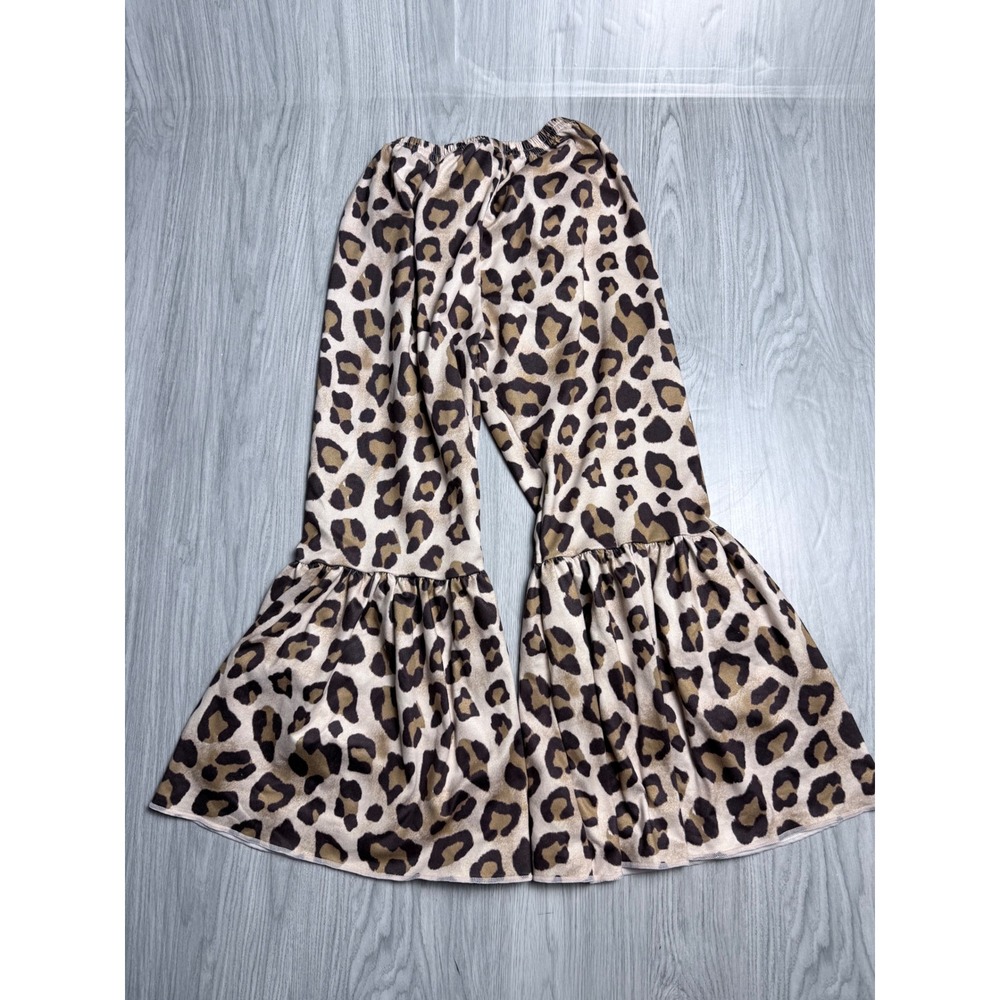 Kids Leopard Print Bell Bottom Ruffle Flare Pants Brown Tan Animal Print XL 5-6T